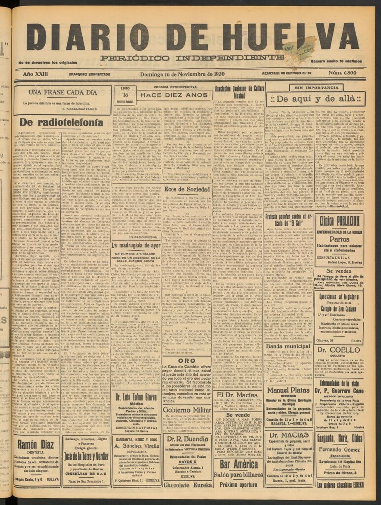 Miniatura de Diario de Huelva : periódico independiente del 16 de noviembre de 1930