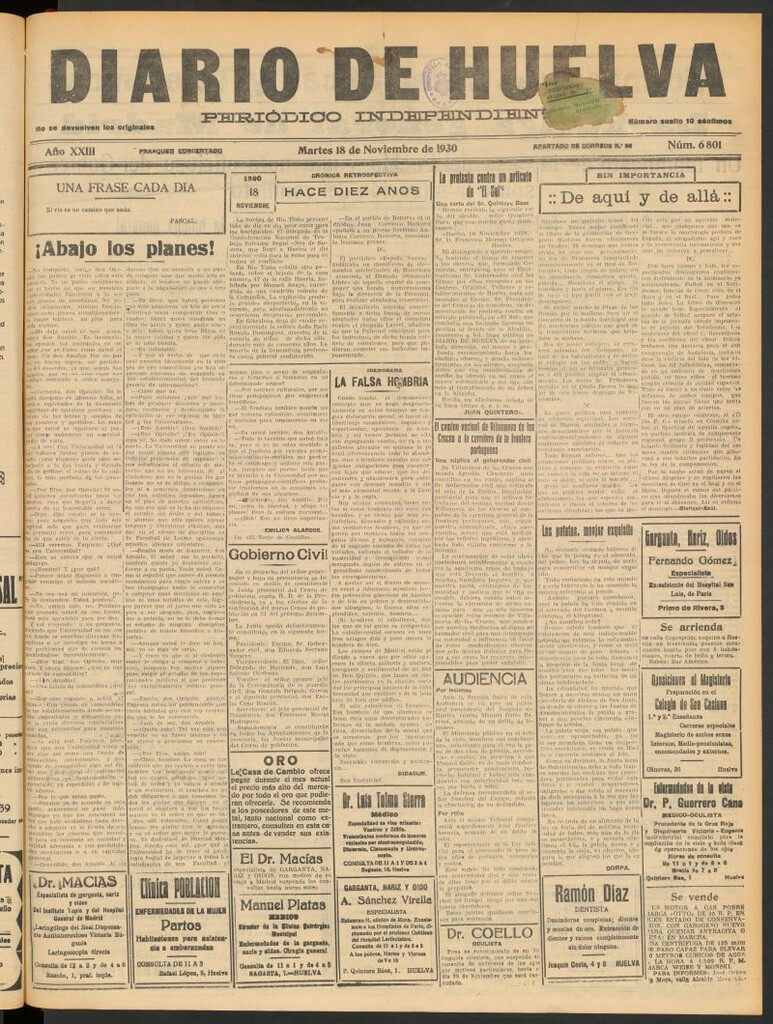 Miniatura de Diario de Huelva : periódico independiente del 18 de noviembre de 1930