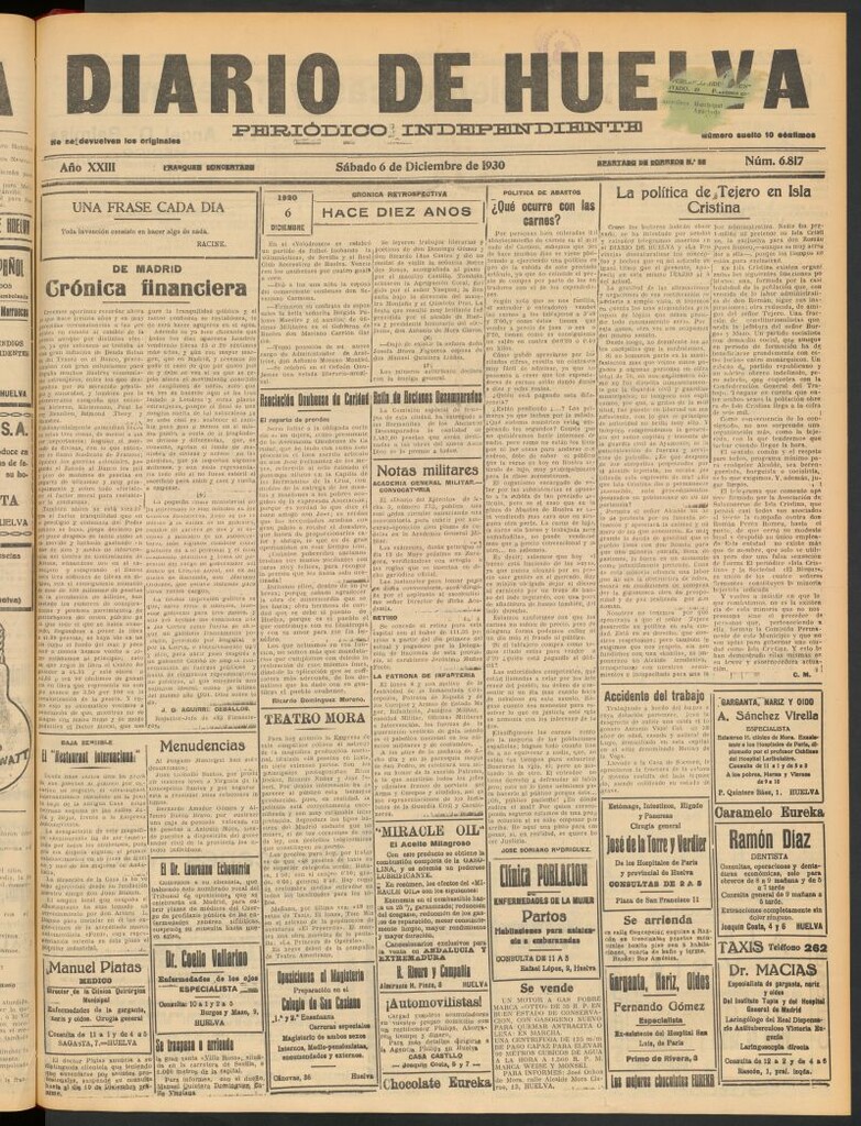 Miniatura de Diario de Huelva : periódico independiente del 6 de diciembre de 1930