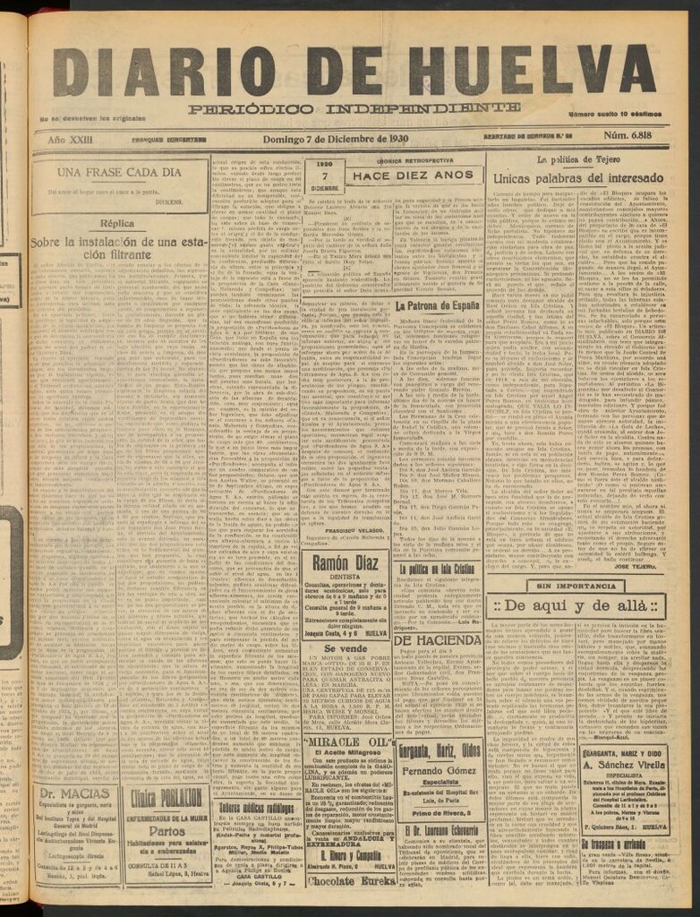 Miniatura de Diario de Huelva : periódico independiente del 7 de diciembre de 1930