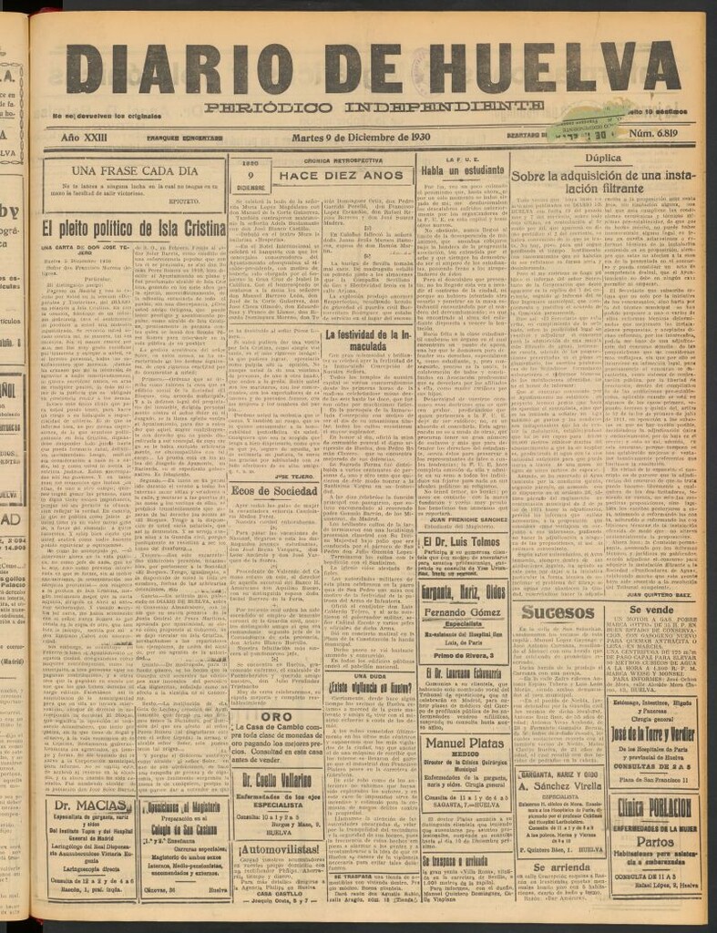 Miniatura de Diario de Huelva : periódico independiente del 9 de diciembre de 1930