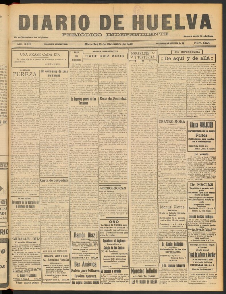 Miniatura de Diario de Huelva : periódico independiente del 10 de diciembre de 1930