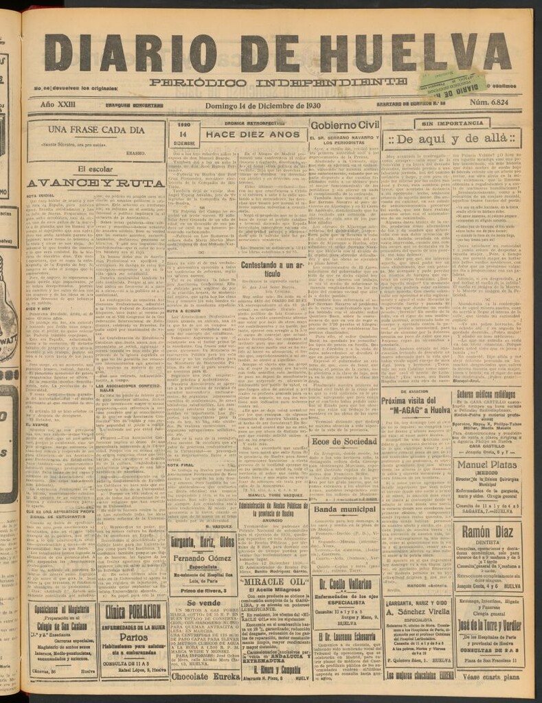 Miniatura de Diario de Huelva : periódico independiente del 14 de diciembre de 1930