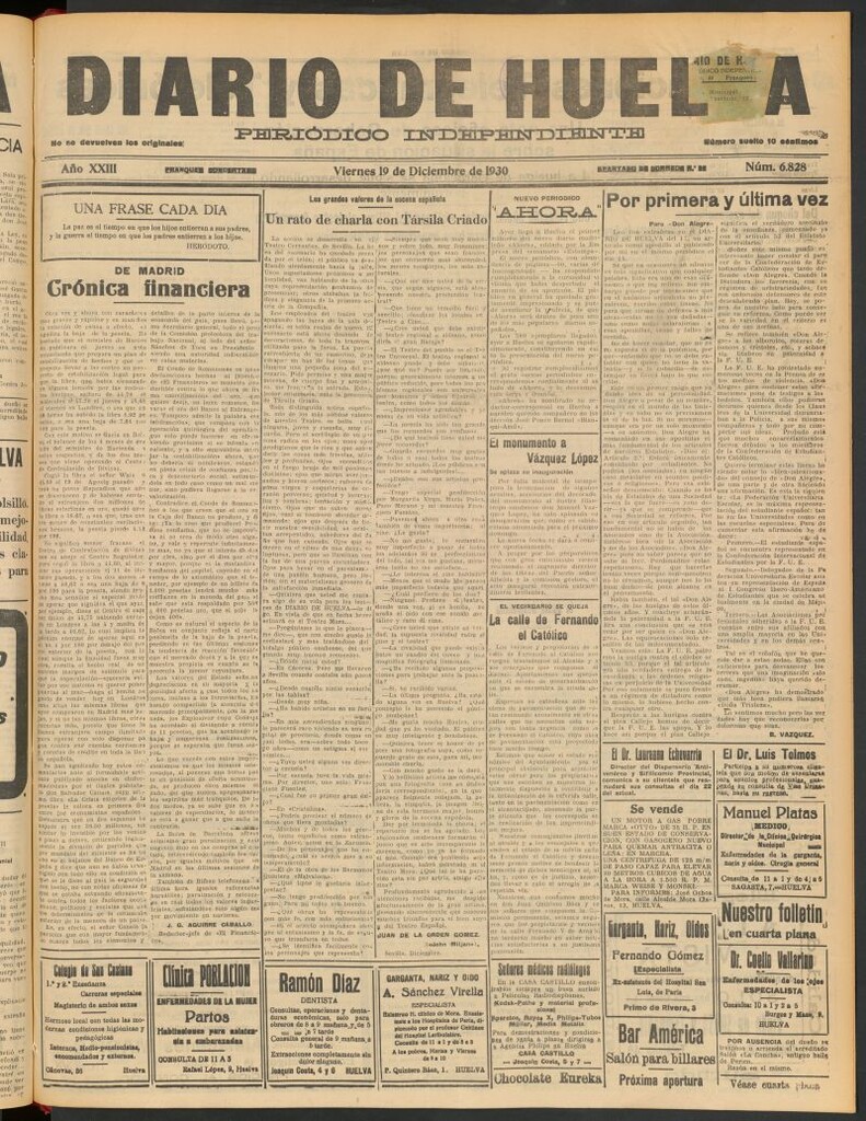 Miniatura de Diario de Huelva : periódico independiente del 19 de diciembre de 1930