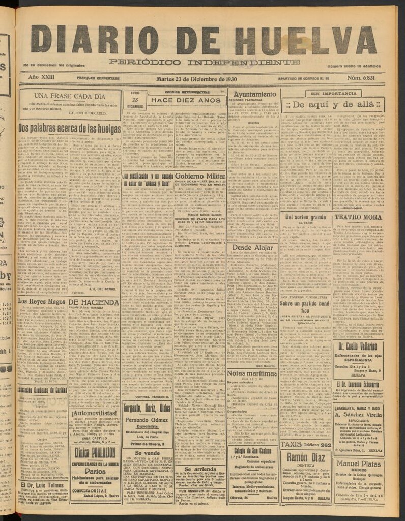 Miniatura de Diario de Huelva : periódico independiente del 23 de diciembre de 1930