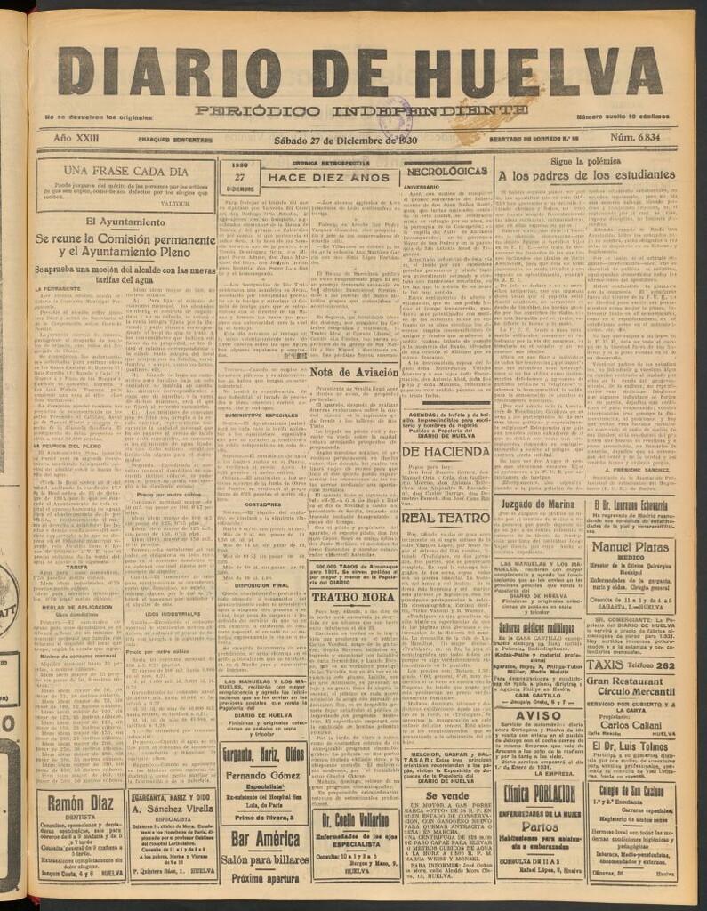 Miniatura de Diario de Huelva : periódico independiente del 27 de diciembre de 1930