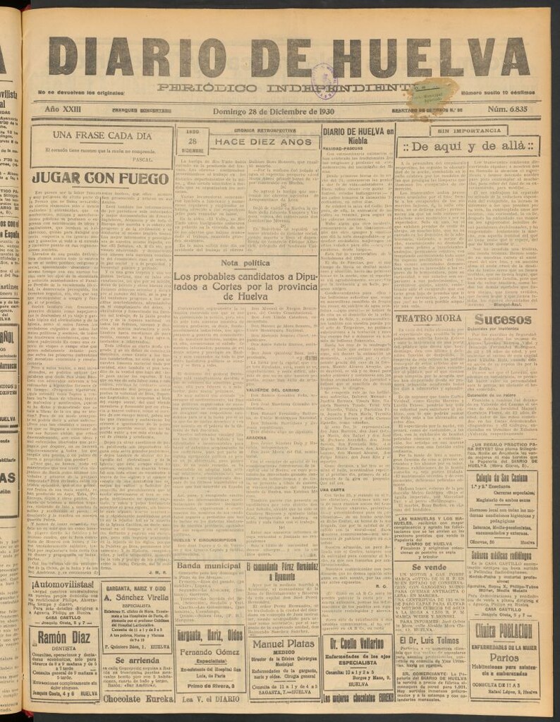 Miniatura de Diario de Huelva : periódico independiente del 28 de diciembre de 1930