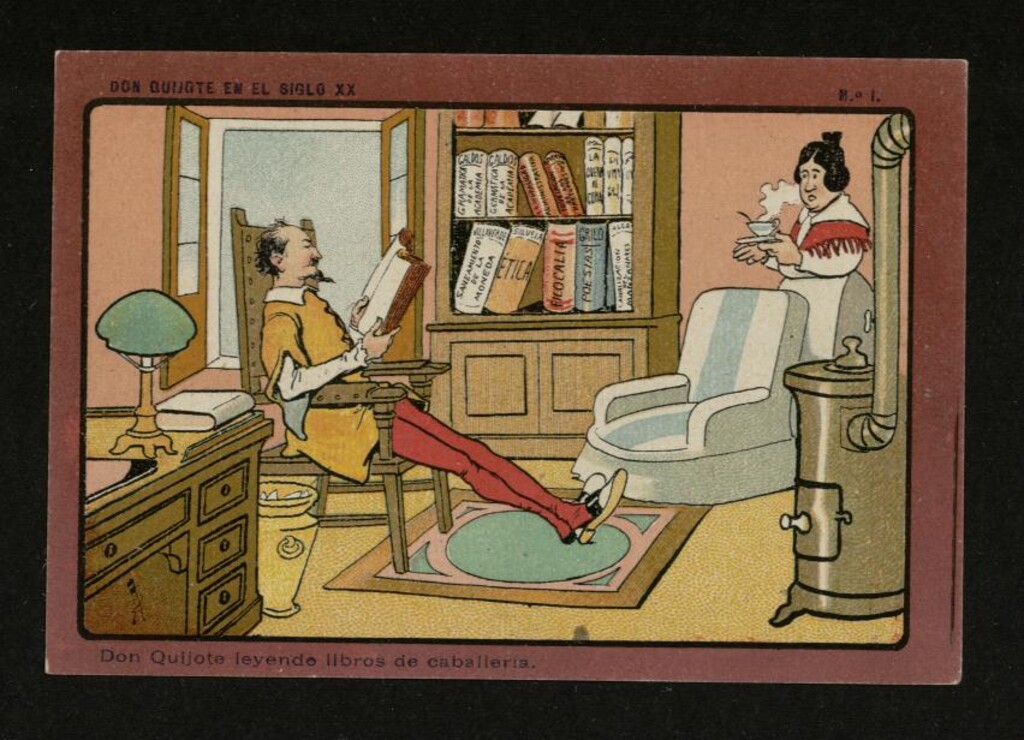 Miniatura de Don Quijote en el Siglo XX, nº 1: Don Quijote leyendo libros de caballería