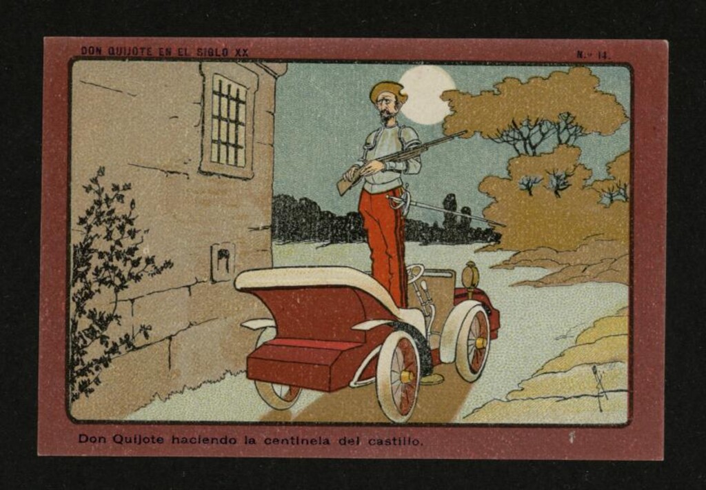 Miniatura de Don Quijote en el Siglo XX, nº 14: Don Quijote haciendo la centinela del castillo