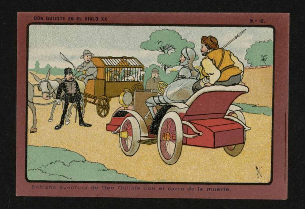 Miniatura de Don Quijote en el Siglo XX, nº 15: Extraña aventura de Don Quijote con el carro de la muerte