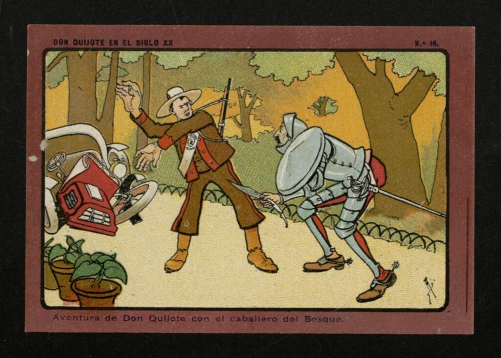 Miniatura de Don Quijote en el Siglo XX, nº 16: Aventura de Don Quijote con el caballero del Bosque