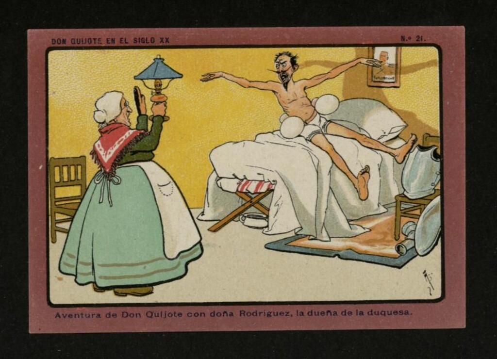 Miniatura de Don Quijote en el Siglo XX, nº 21: Aventura de Don Quijote con doña Rodríguez, la dueña de la duquesa