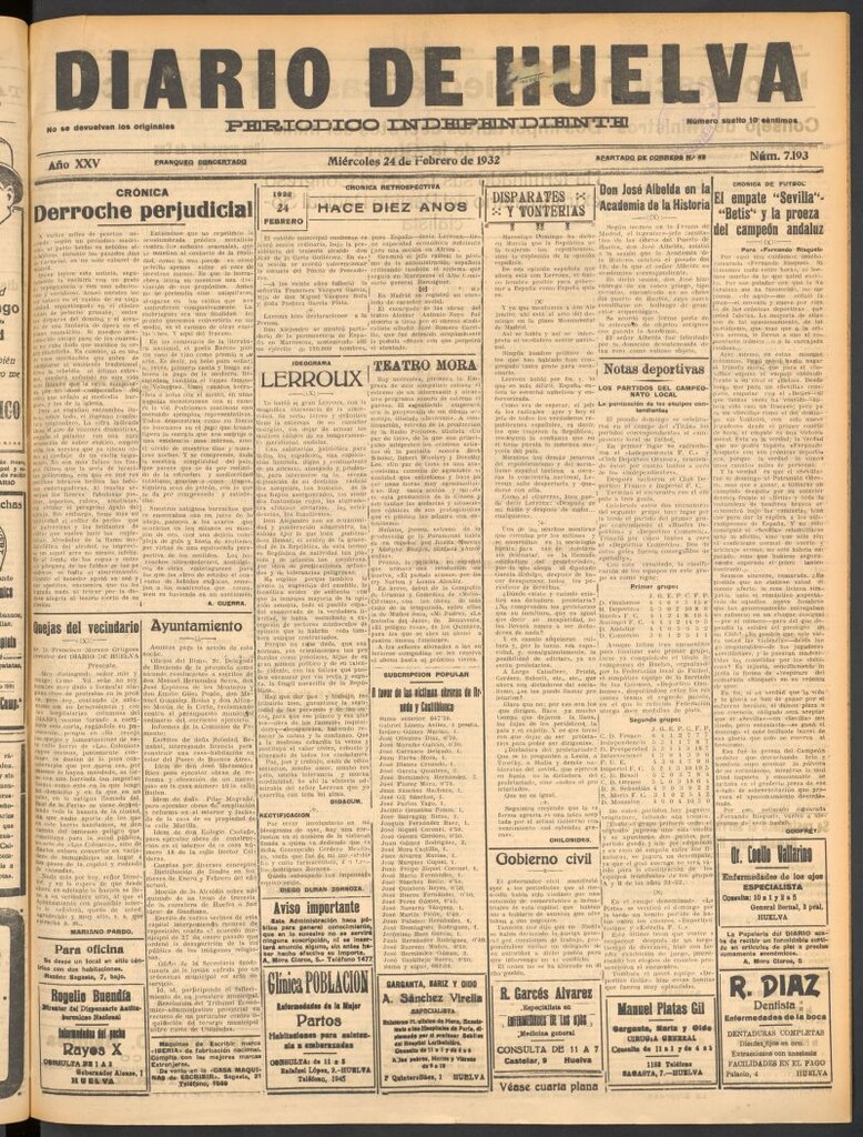 Miniatura de Diario de Huelva : periódico independiente del 24 de febrero de 1932
