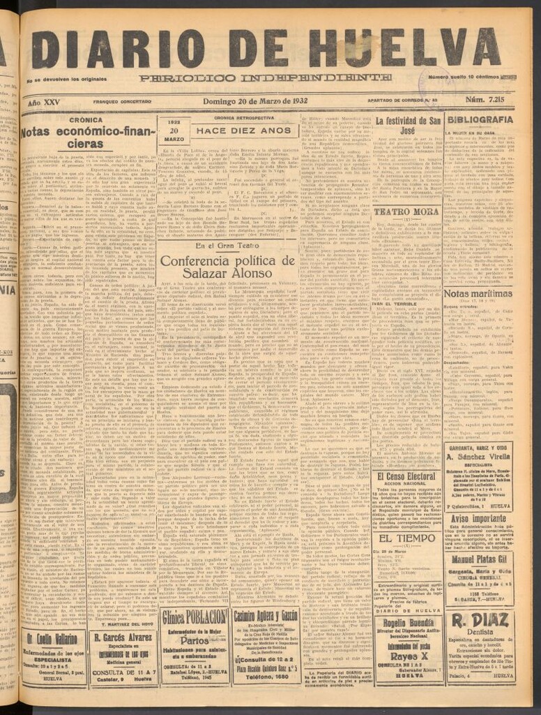 Miniatura de Diario de Huelva : periódico independiente del 20 de marzo de 1932