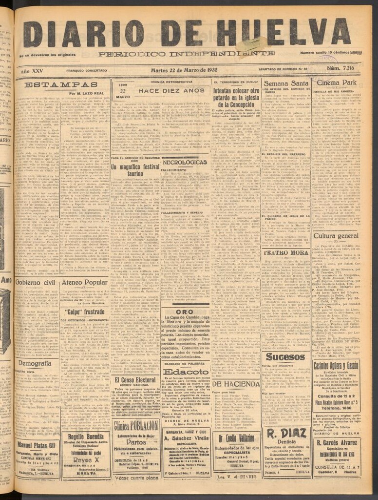Miniatura de Diario de Huelva : periódico independiente del 22 de marzo de 1932