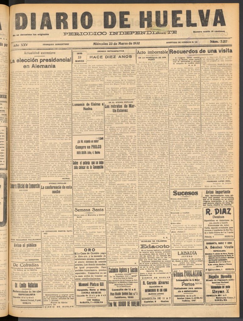 Miniatura de Diario de Huelva : periódico independiente del 23 de marzo de 1932