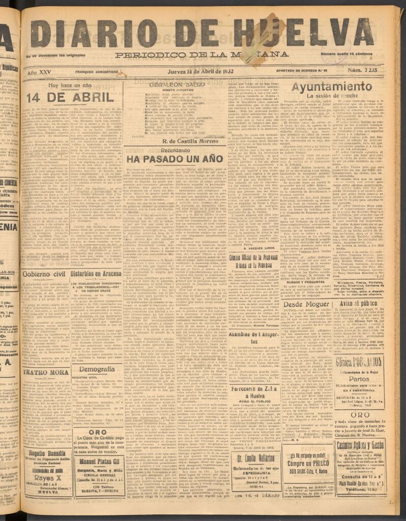 Miniatura de Diario de Huelva : periódico independiente del 14 de abril de 1932