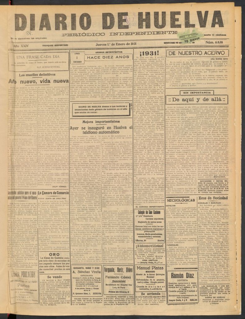 Miniatura de Diario de Huelva : periódico independiente del 1 de enero de 1931