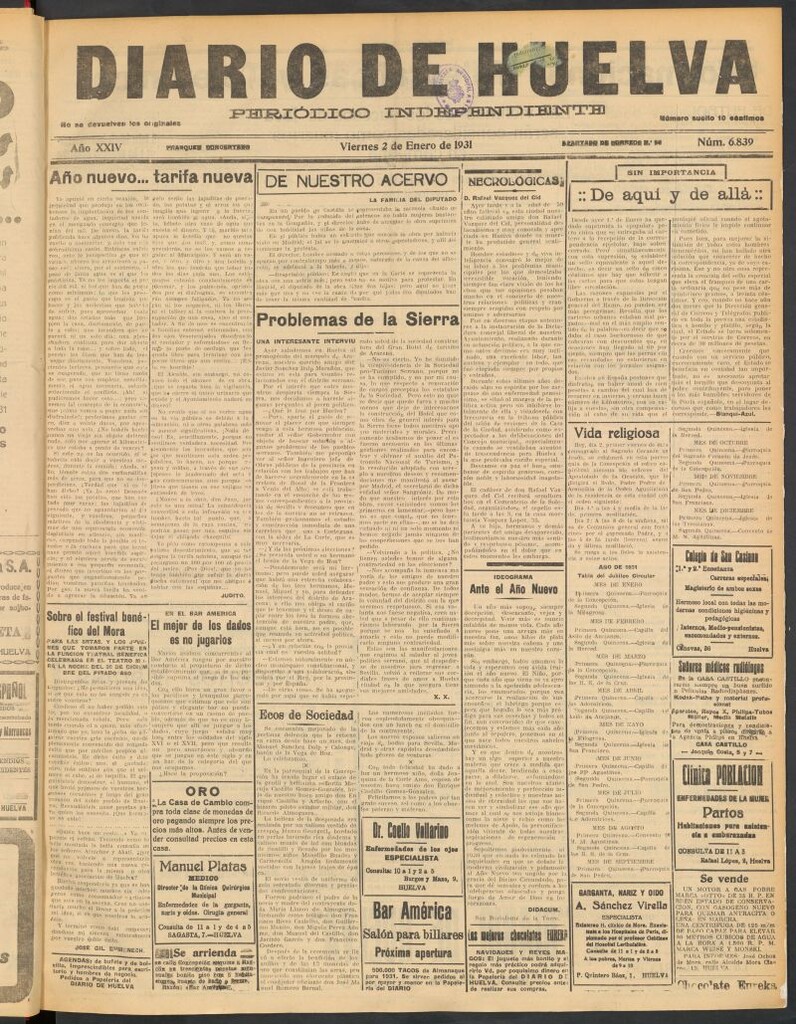 Miniatura de Diario de Huelva : periódico independiente del 2 de enero de 1931
