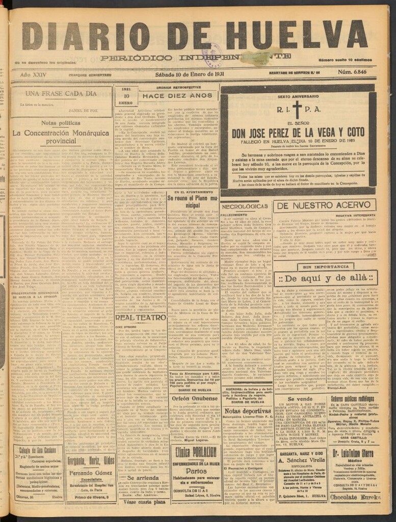 Miniatura de Diario de Huelva : periódico independiente del 10 de enero de 1931