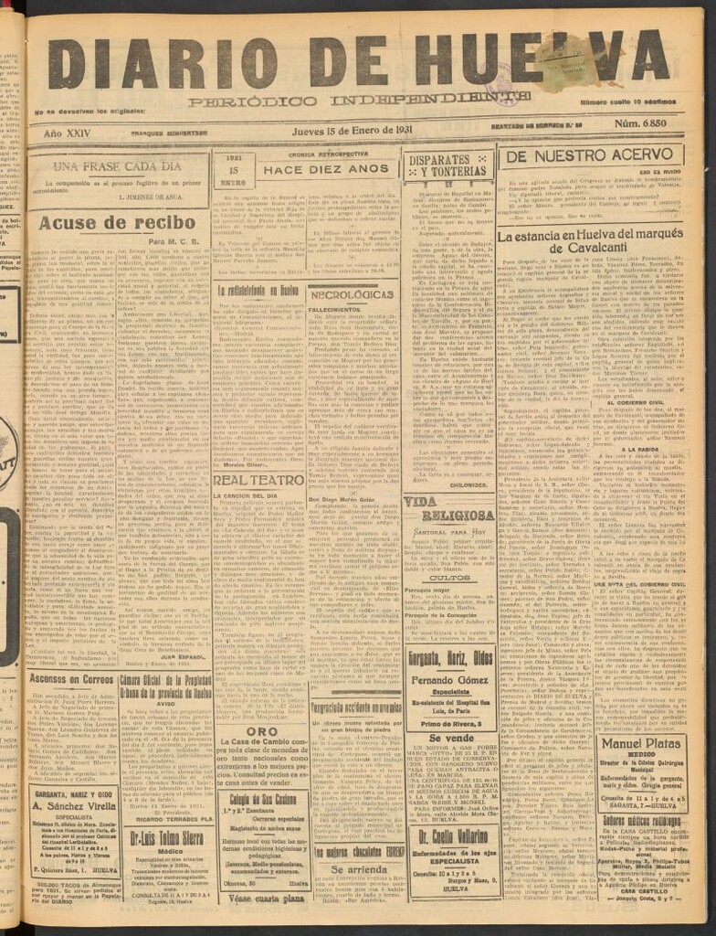 Miniatura de Diario de Huelva : periódico independiente del 15 de enero de 1931