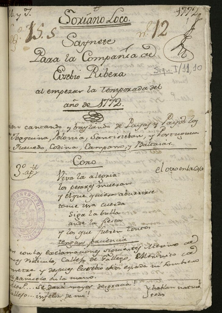Miniatura de El soriano loco : Saynete para la Compañía de Eusebio Ribera al empezar la temporada del año de 1772