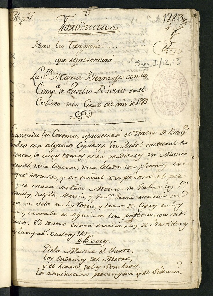 Miniatura de Introducción para la tragedia_ que representará la Señora María Bermejo con la Compañía de Eusebio Ribera en el Coliseo de la Cruz este año de 1783