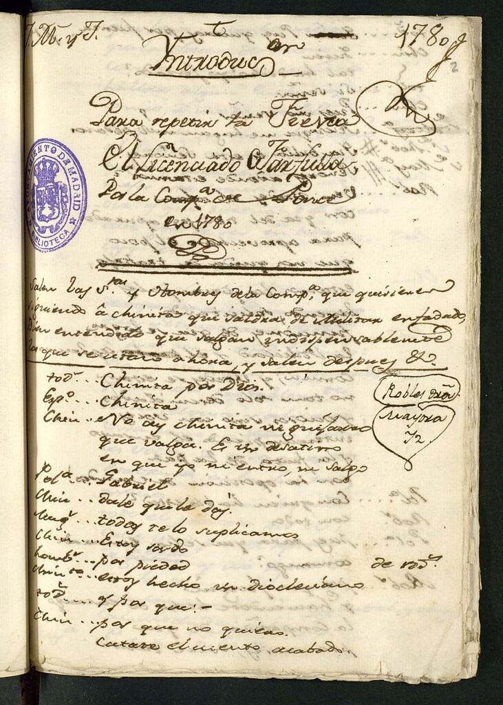 Miniatura de Introducción para repetir la fiesta El licenciado Farfulla por la Compañía de Ponce en 1780Introducción para repetir la fiesta