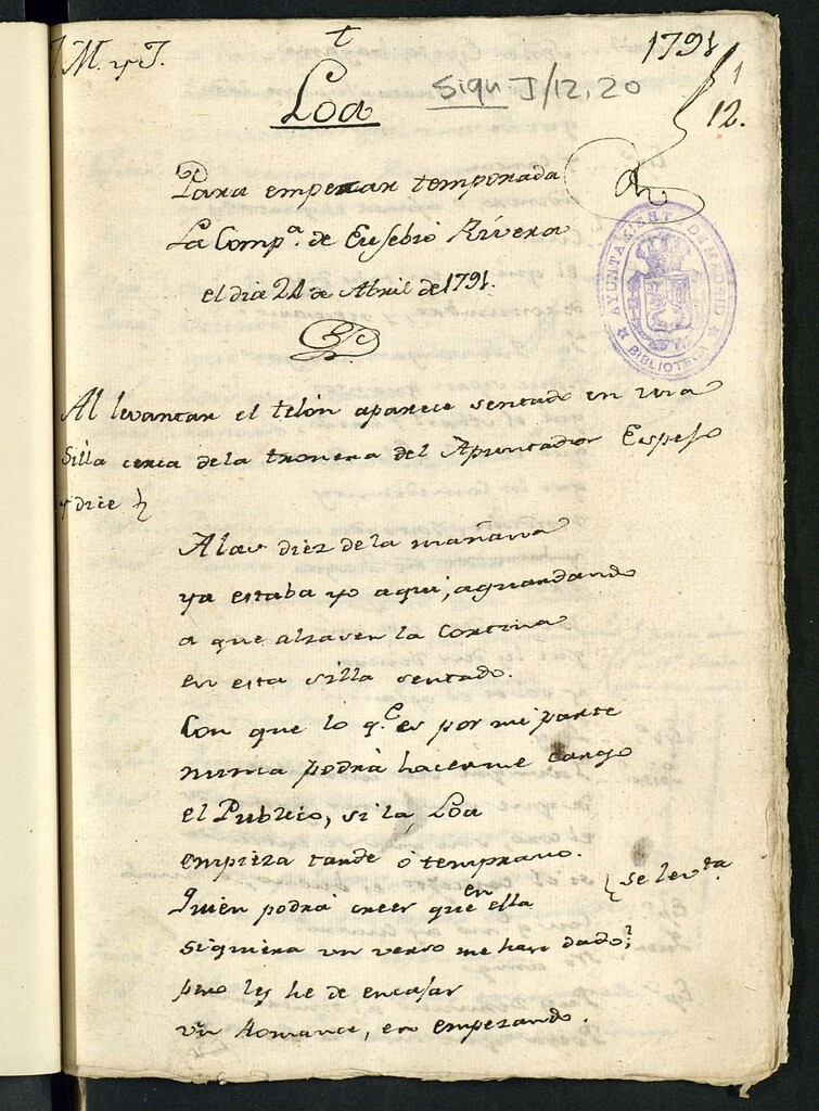 Miniatura de Loa para empezar temporada la Compañía de Ribera el día 21 de abril de 1791