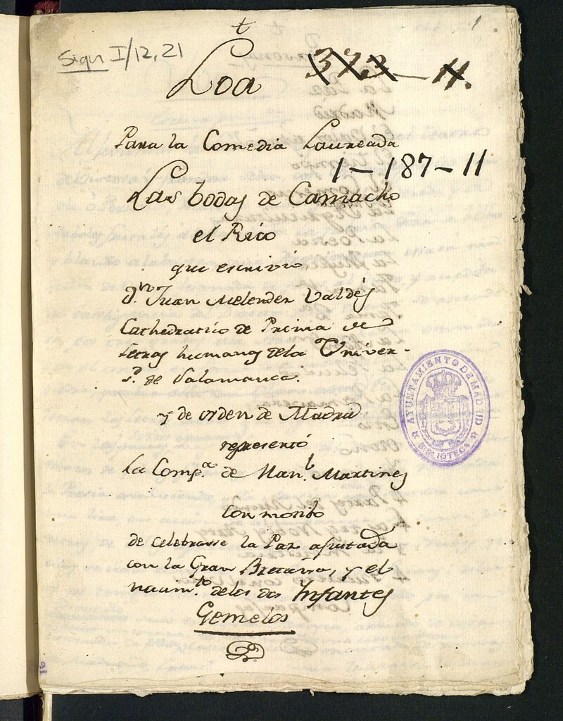 Miniatura de Loa para la comedia laureada Las bodas de Camacho, el rico que escribió Don Juan Meléndez Valdés