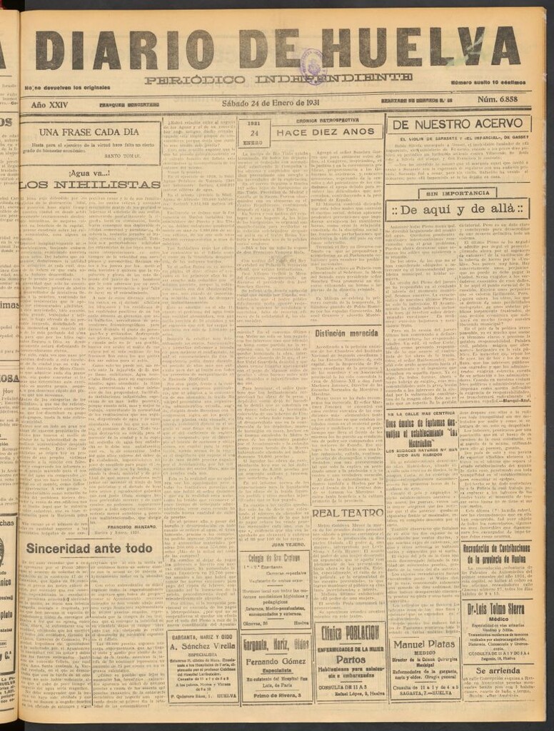 Miniatura de Diario de Huelva : periódico independiente del 24 de enero de 1931
