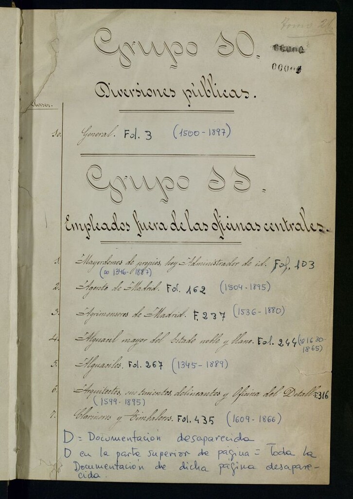 Miniatura de Inventario de Secretaría (Tomo 21) : Diversiones públicas (1500-1897) y Empleados fuera de las oficinas centrales (1345-1895)