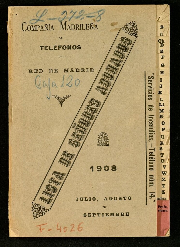 Miniatura de Lista de abonados de la red telefónica de Madrid : julio de 1908
