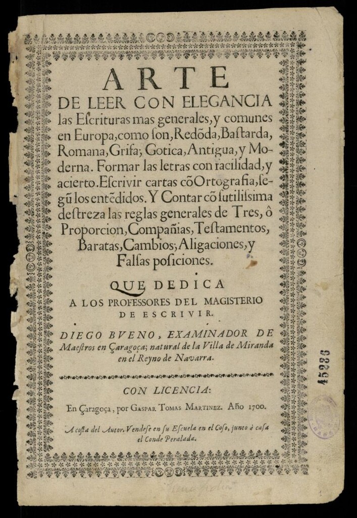 Miniatura de Arte de leer con elegancia las escrituras más generales y comunes en Europa... formar las letras con facilidad... escribir cartas...