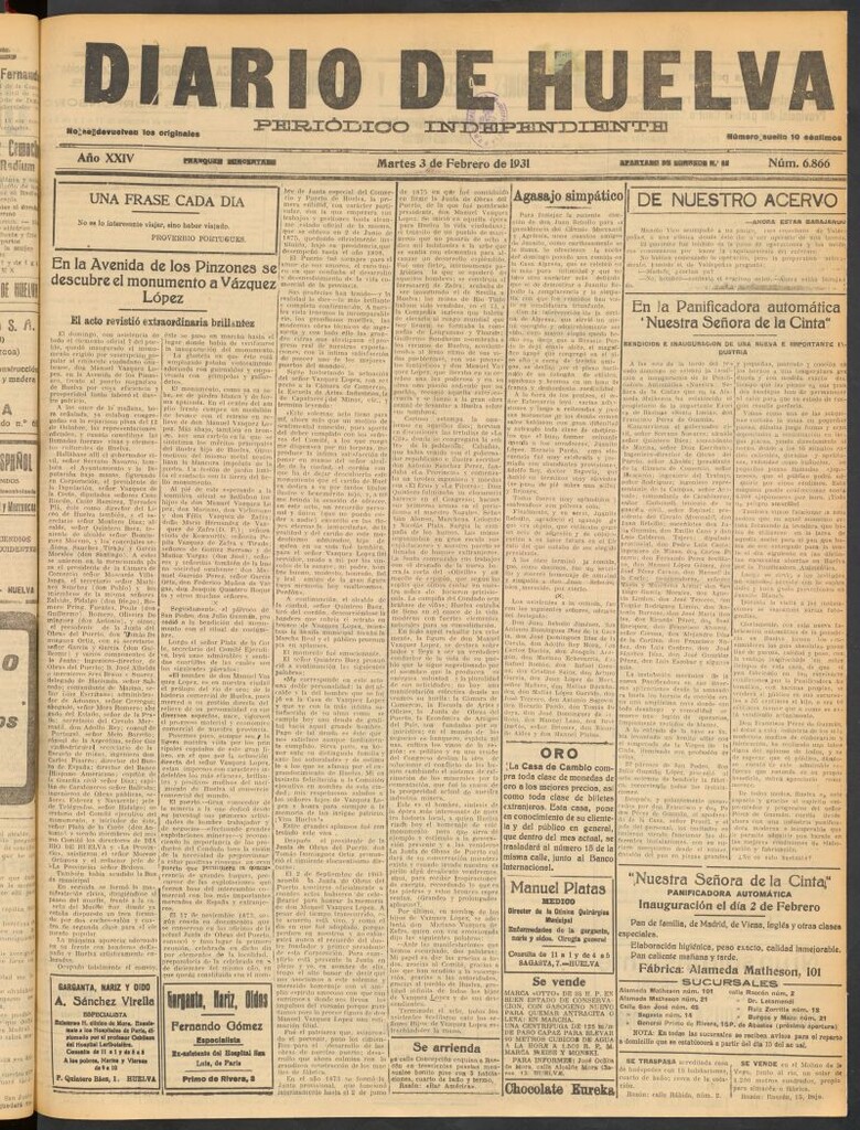 Miniatura de Diario de Huelva : periódico independiente del 3 de febrero de 1931