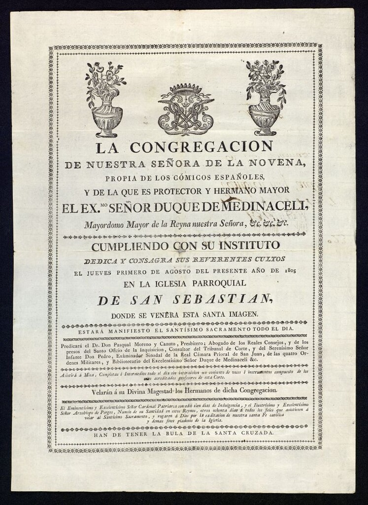 Miniatura de La Congregación de Nuestra Señora de la Novena, propia de los cómicos españoles... dedica y consagra sus reverentes cultos el jueves primero de agosto del presente año de 1805 en la iglesia parroquial de San Sebastián...