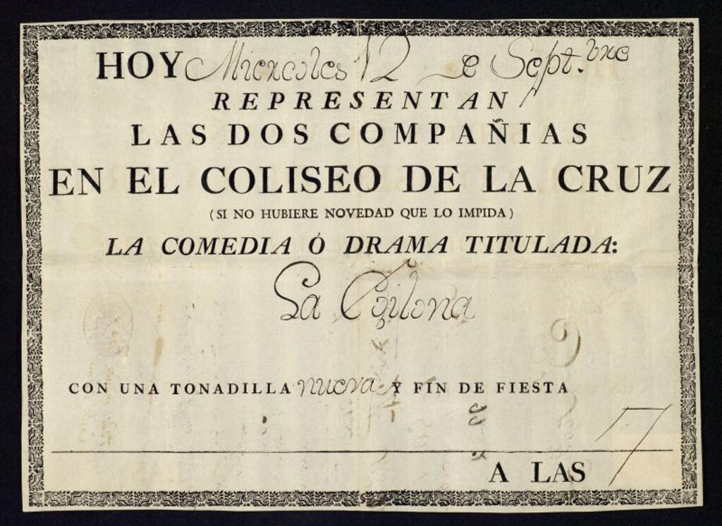 Miniatura de Cartel de la representación dramática en el Teatro de la Cruz de la comedia La Egilona, de Blas de Laserna, el miércoles 12 de septiembre de 1792 a las 7 horas