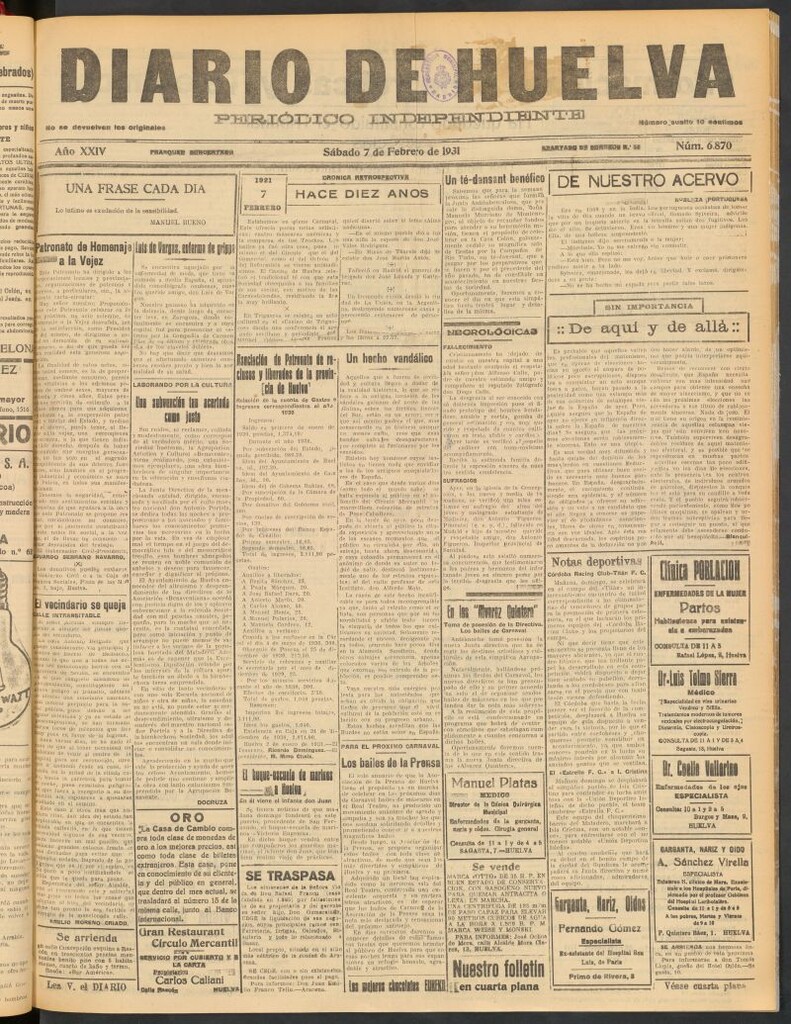 Miniatura de Diario de Huelva : periódico independiente del 7 de febrero de 1931