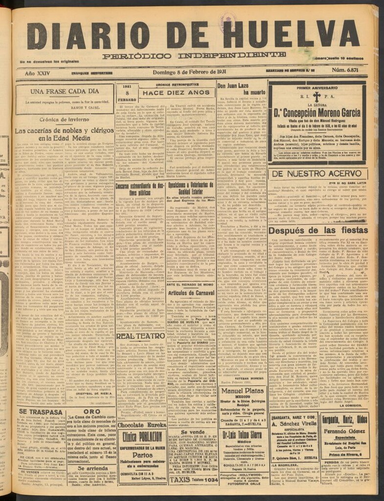 Miniatura de Diario de Huelva : periódico independiente del 8 de febrero de 1931