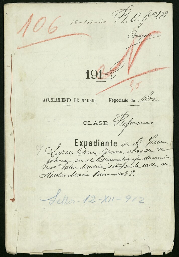 Miniatura de Solicitud de licencia de D. José López Cruz para efectuar la reforma del cinematógrafo denominado Salon Madrid