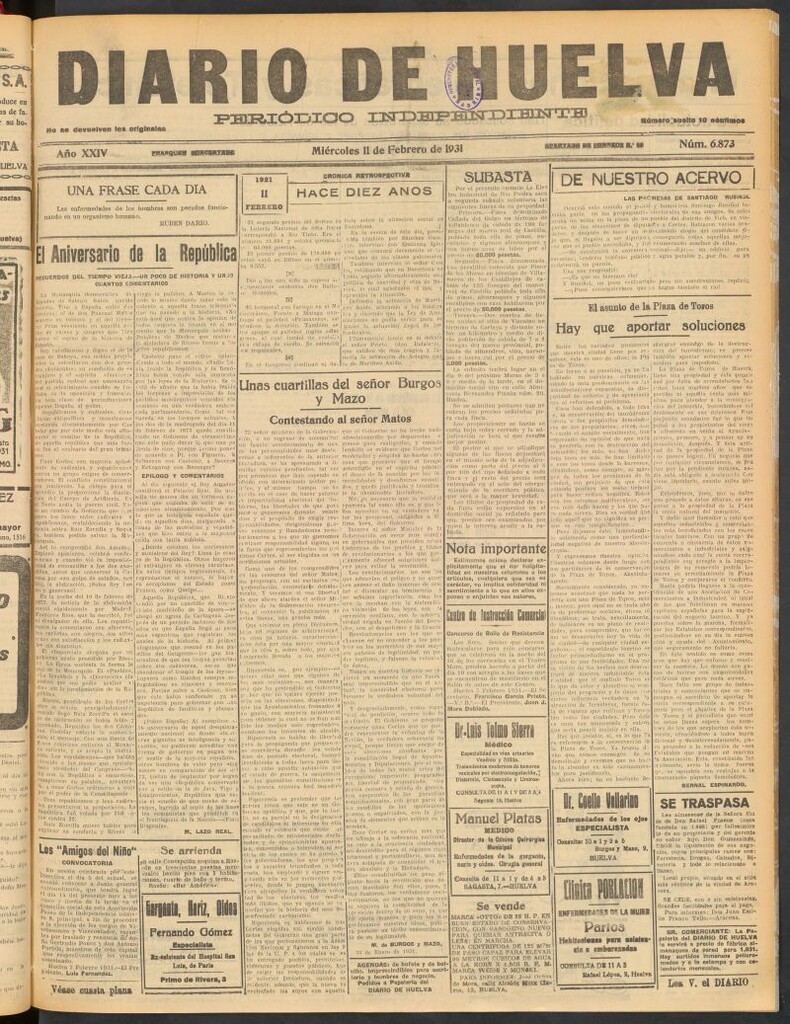 Miniatura de Diario de Huelva : periódico independiente del 11 de febrero de 1931