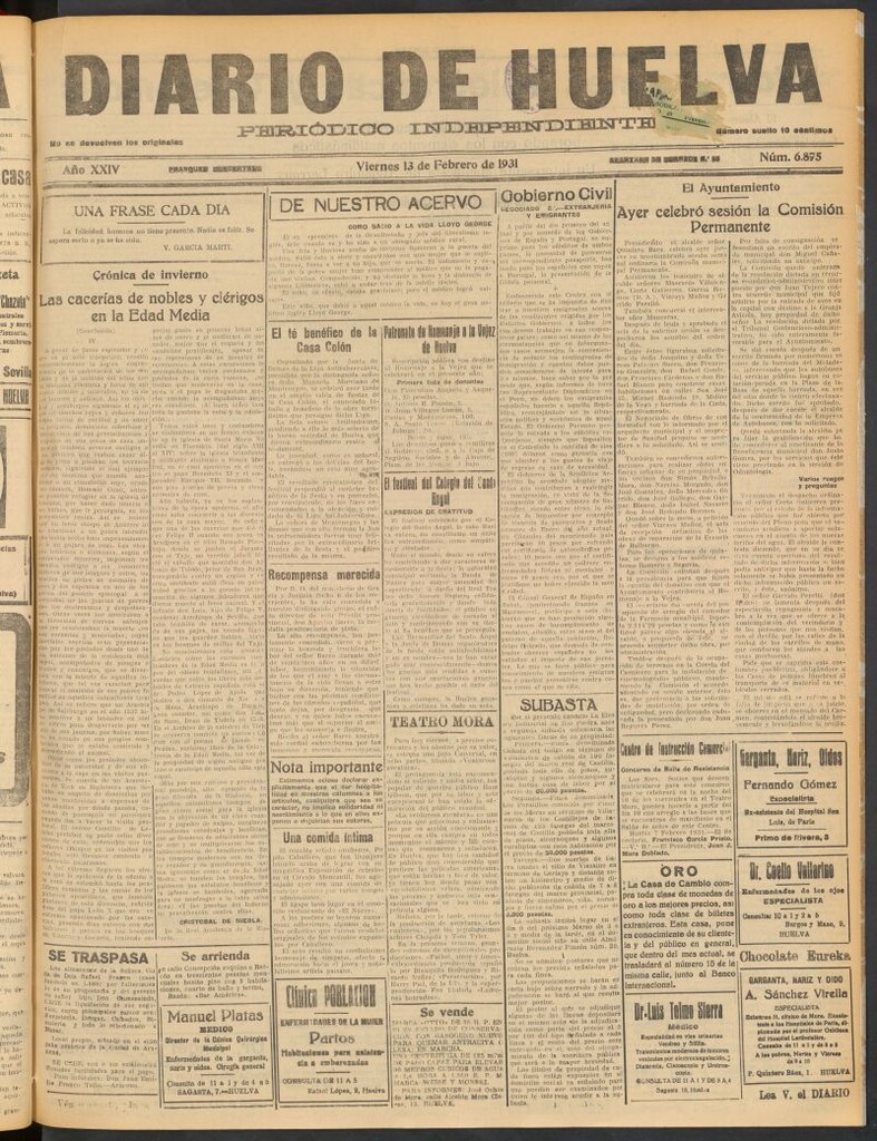 Miniatura de Diario de Huelva : periódico independiente del 13 de febrero de 1931