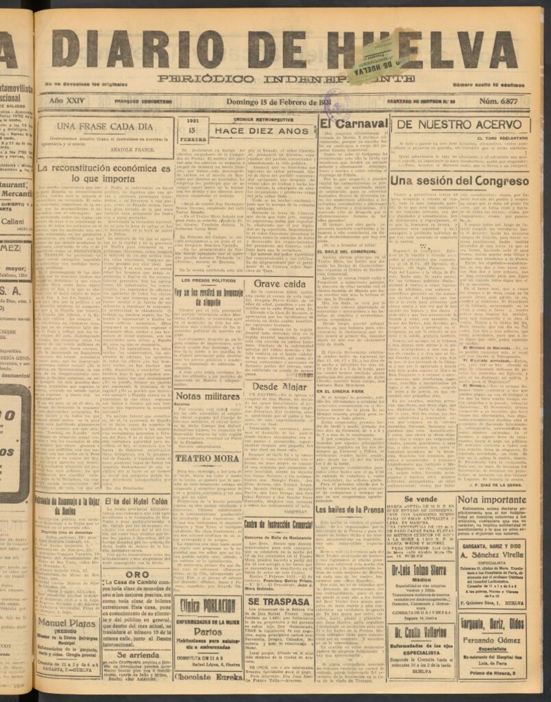 Miniatura de Diario de Huelva : periódico independiente del 15 de febrero de 1931