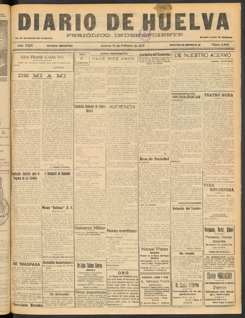 Miniatura de Diario de Huelva : periódico independiente del 19 de febrero de 1931