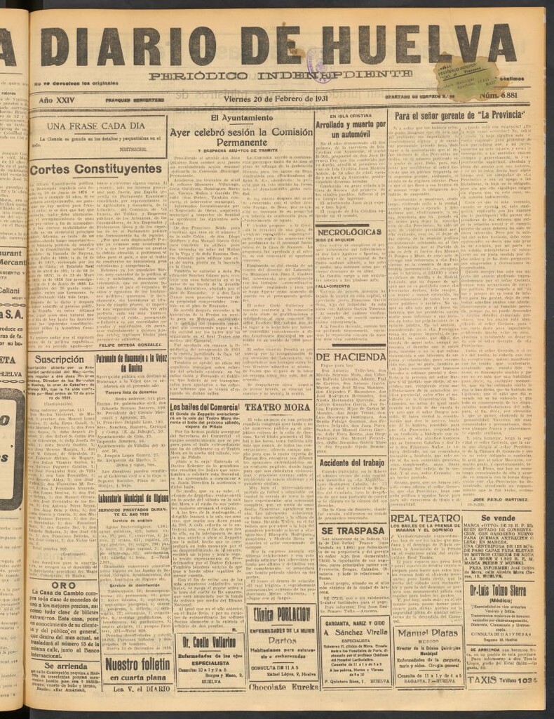 Miniatura de Diario de Huelva : periódico independiente del 20 de febrero de 1931