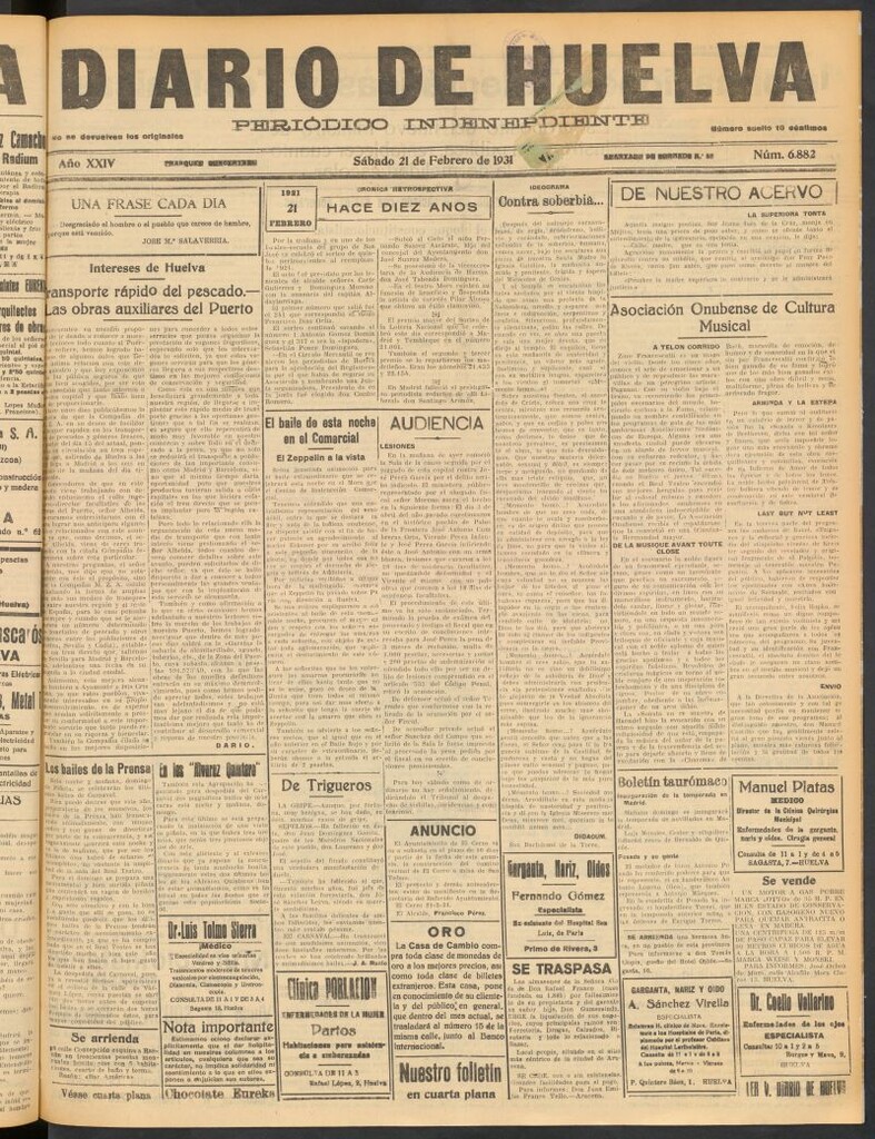 Miniatura de Diario de Huelva : periódico independiente del 21 de febrero de 1931