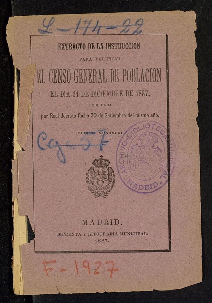 Miniatura de Extracto de la instruccion para verificar el censo general de poblacion el dia 31 de diciembre de 1887 publicada por el real decreto fecha 20 de septiembre del mismo año