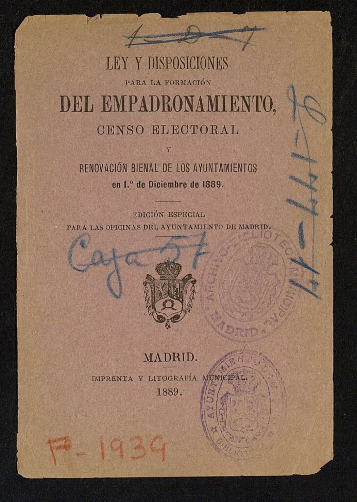 Miniatura de Ley y disposiciones para la formacion del empadronamiento, censo electoral y renovación bienal de los Ayuntamientos en 1º de diciembre de 1889