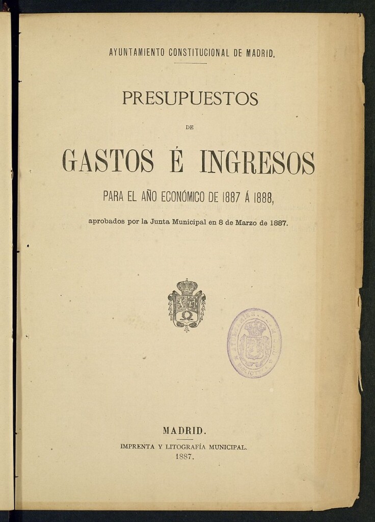 Miniatura de Presupuestos de gastos e ingresos del Ensanche de Madrid para el año económico de 1887 a 1888