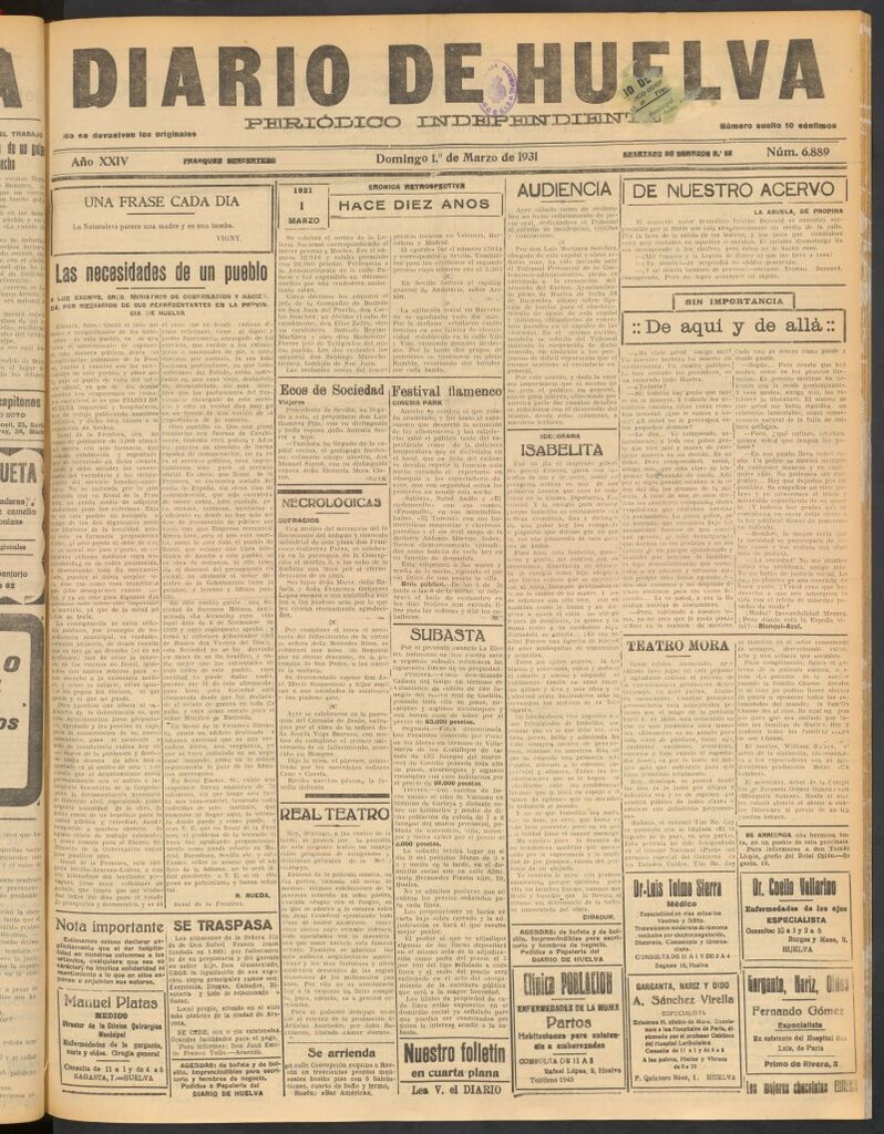 Miniatura de Diario de Huelva : periódico independiente del 1 de marzo de 1931